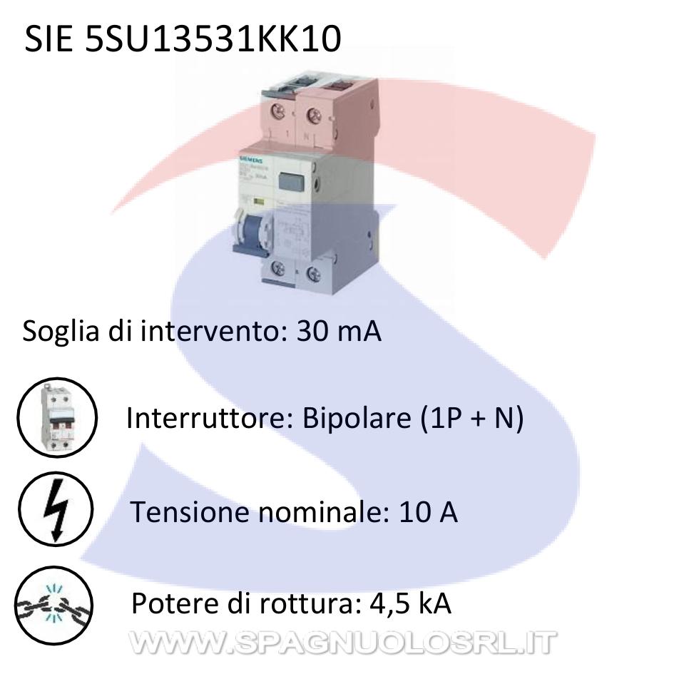 Interruttore automatico differenziale bipolare 10 A - SIEMENS 5SU13531KK10  - Spagnuolo S.R.L.